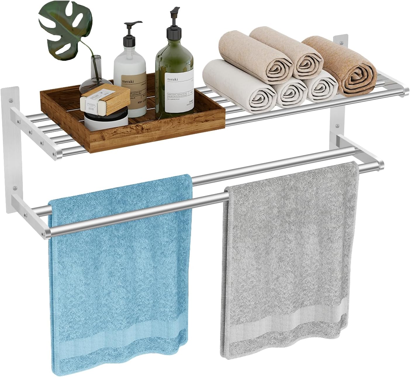 Towel Racks for Bathroom 24 Inch, 2 Tier Towel Shelf with Double Towel Bar, Stainless Steel Bath Towel Rack Wall Mounted, Towel Holder Towel Storage Rack for Bathroom, Brushed Nickel