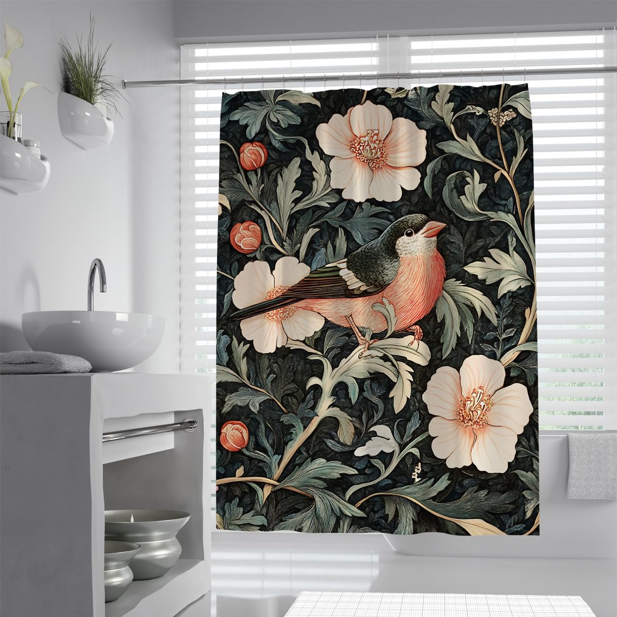 OLLIAR Home Vintage Flower Boho Shower Curtain Set 150x180 Bird and Botanical Leaf Aesthetic Bathroom Decor Polyester Cloth Fabric Bath Curtain with Hooks