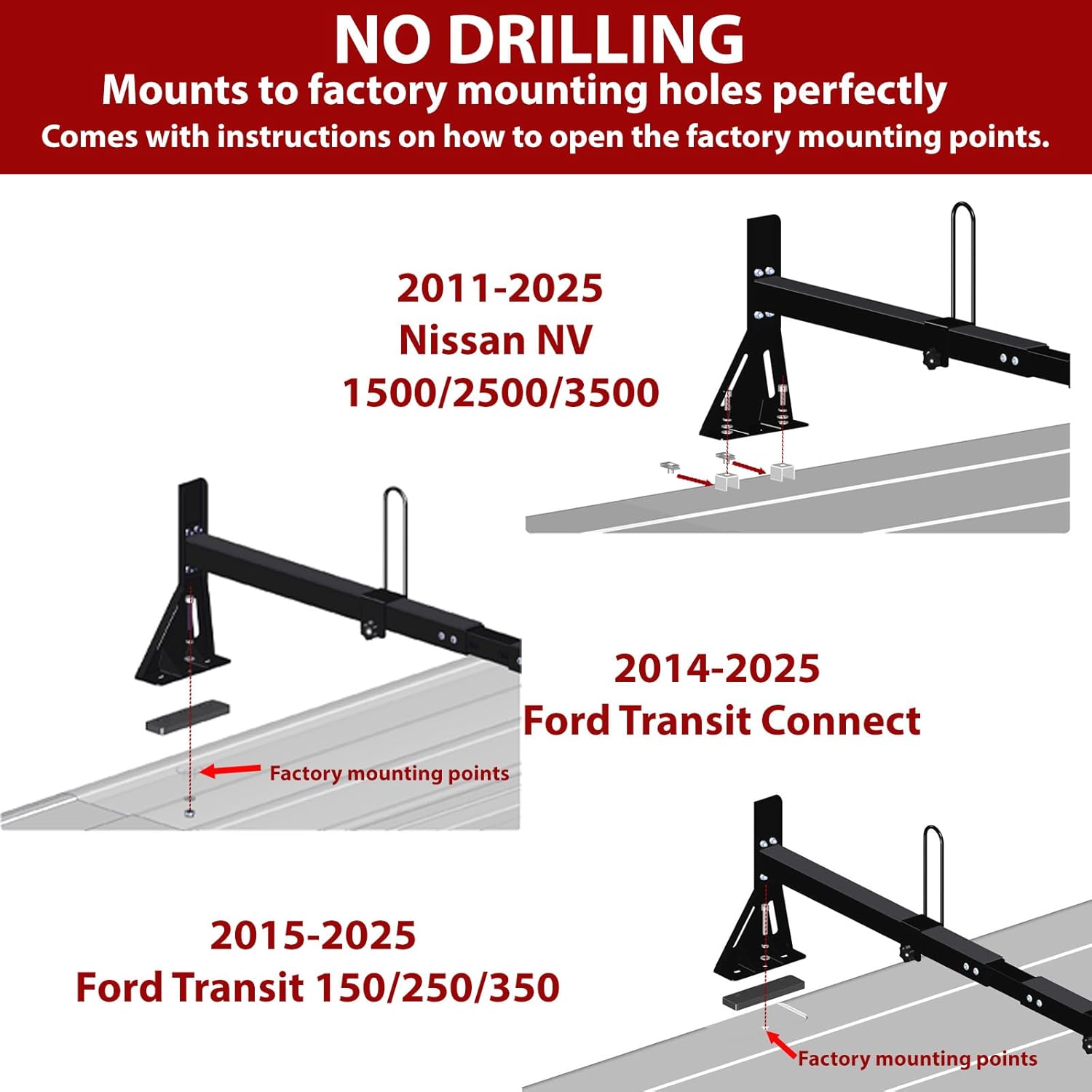 No Drilling Required Van Ladder Rack,Van Roof Rack with Cargo Stoppers,Compatible with Ford Transit150/250/350/Connect,2011-2025 Nissan NV 1500 2500 3500