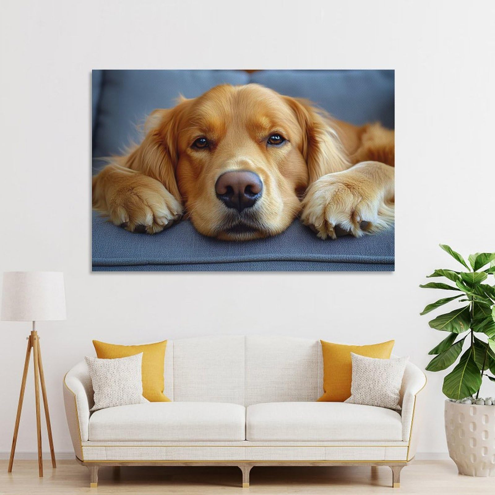 Junmoney Unframe-Style-24 Decorative Wall Artwork Golden Retriever Resting On Gray Couch, 24X36inch(60X90cm), For Corridors, Hallways Or Apartment Entries, Wall Decor To Refresh Empty Corners