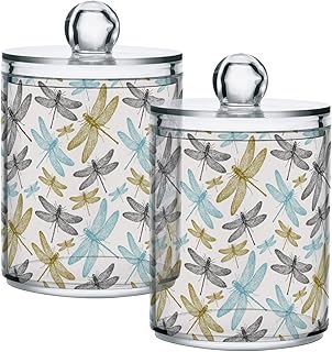 4 Pack Qtip Dispenser Apothecary Jars Bathroom Organizer, Golden Blue Dragonfly Retro Qtip Holder Storage Canister Plastic Acrylic Jar for Cotton Ball/Swab/Rounds
