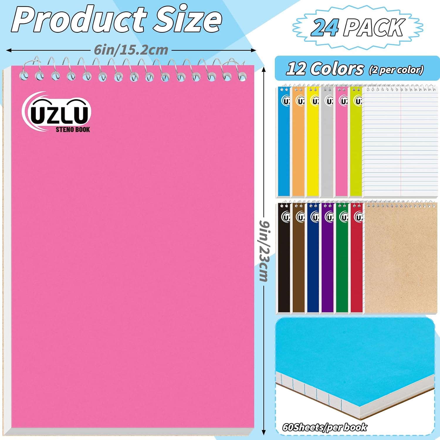 24 Pack Steno Pads 6 x 9 in Spiral Top Notebook Bulk 12 Assorted Color Note Pad 60 Sheets Gregg Rule Writing Paper Steno Notebooks for Students Teachers Men Women Professionals Office School Recording