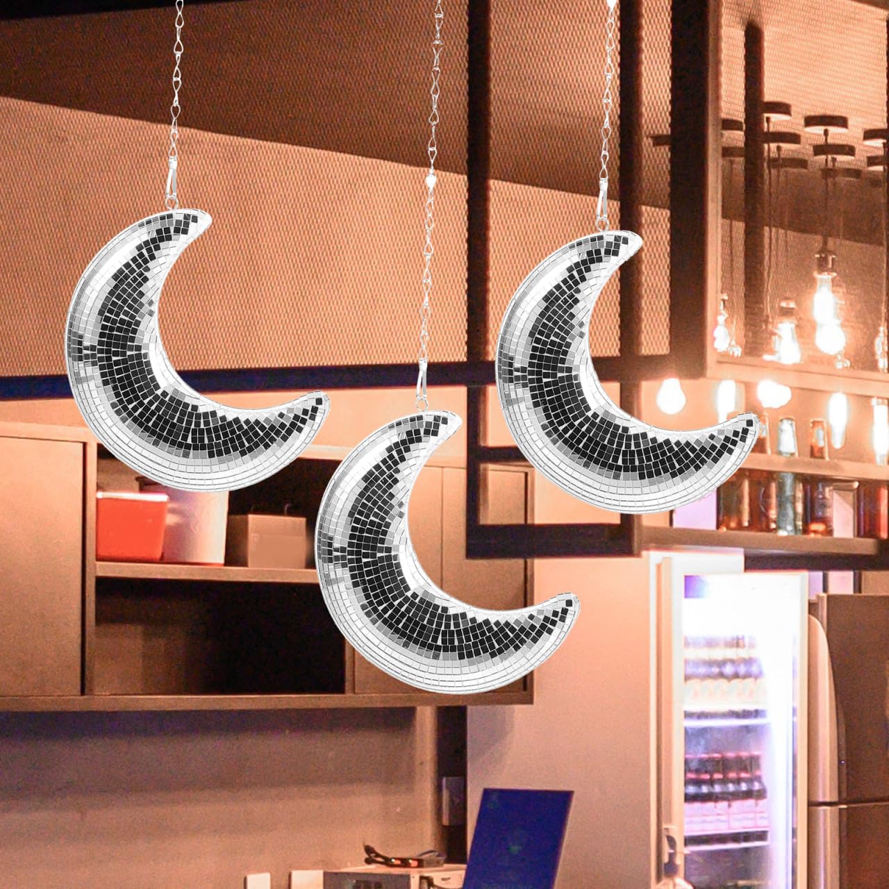 Boule disco en forme de lune à suspendre avec chaîne pour bar, karaoké, club, scène, maison, mariage, fête d'anniversaire, décoration de boule disco