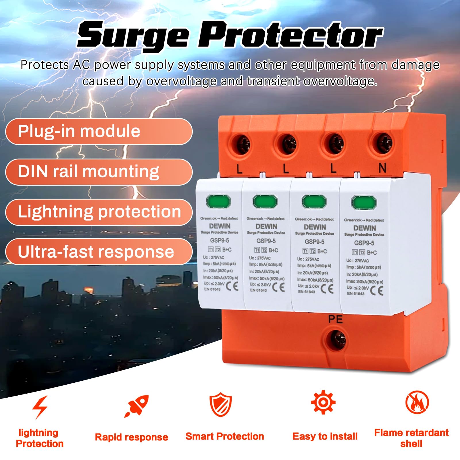 Scaricatore di Sovratensione tipo 1 e 2, 4P AC275V Scaricatori di Sovratensione 20kA~50kA Protezione da Sovratensione per Protezione Elettrica Casa Ufficio e Impianti (SPD Tipo 1+2, T1+T2, B+C)
