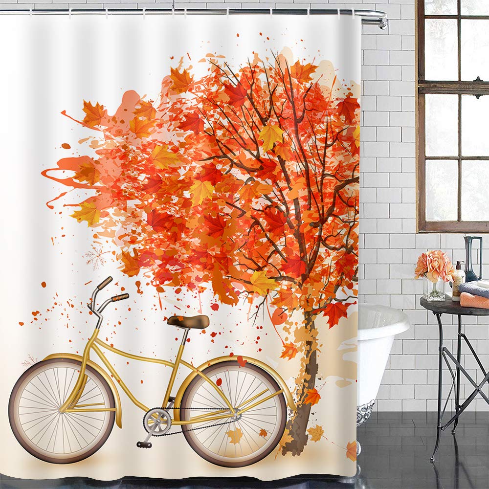 ADUTY Home Decorative Waterproof Shower Curtain for Bathroom Tree and Bicycle 72"x72" (183x183cm) with Hooks Quick Dry Polyester Fabric Yellow