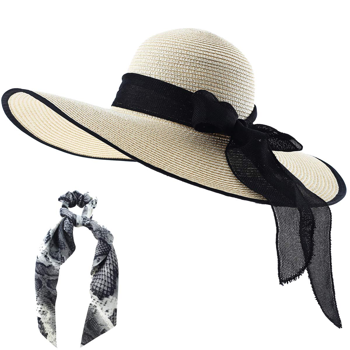 Wide Brim Beach Hat for Women Floppy Summer Straw Sun Hat Big Bowknot Foldable Roll Up Hat for Vacation, Travel