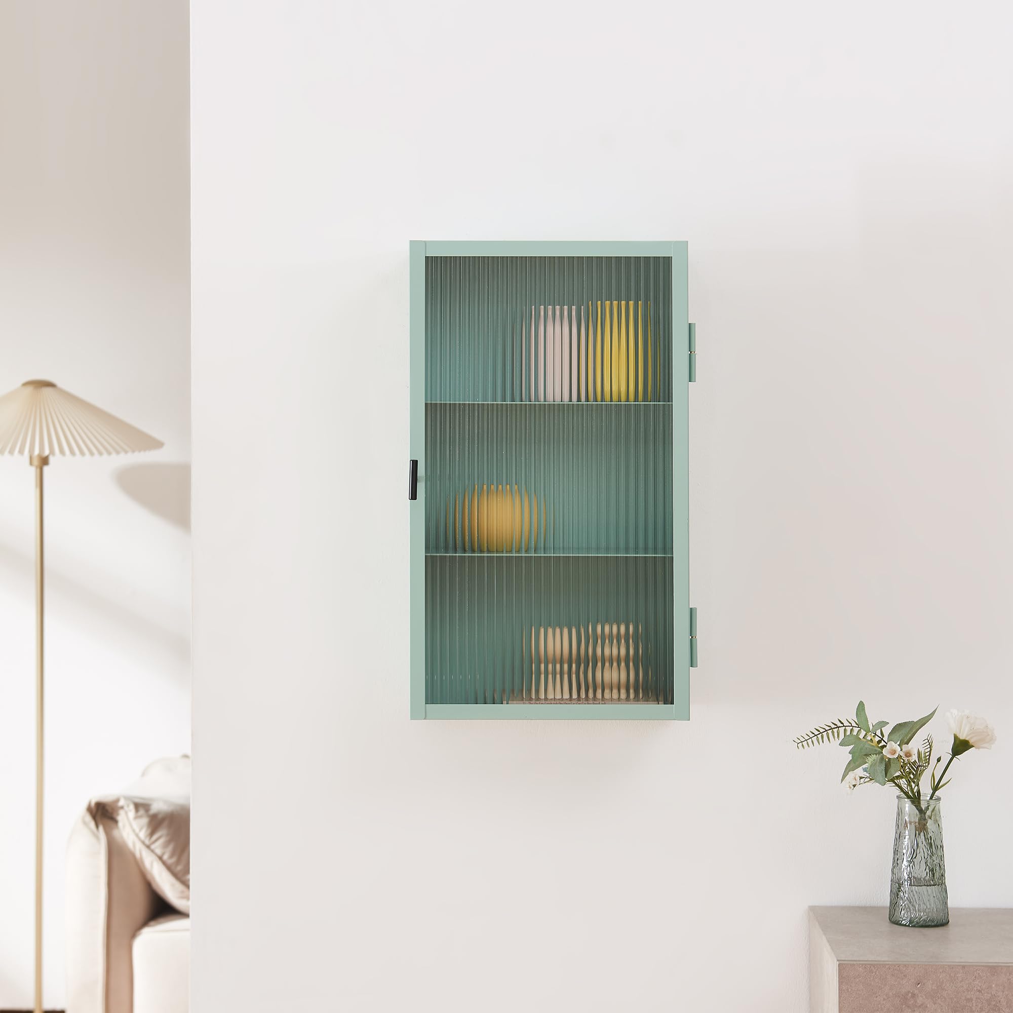 [en.casa] Armario de Pared Zundert Mueble Baño con 1 Puerta de Vidrio Acanalado Mueble Auxiliar de Cocina con 3 Compartimentos Cerrados Acero 60 x 35 x15 cm - Verde Menta