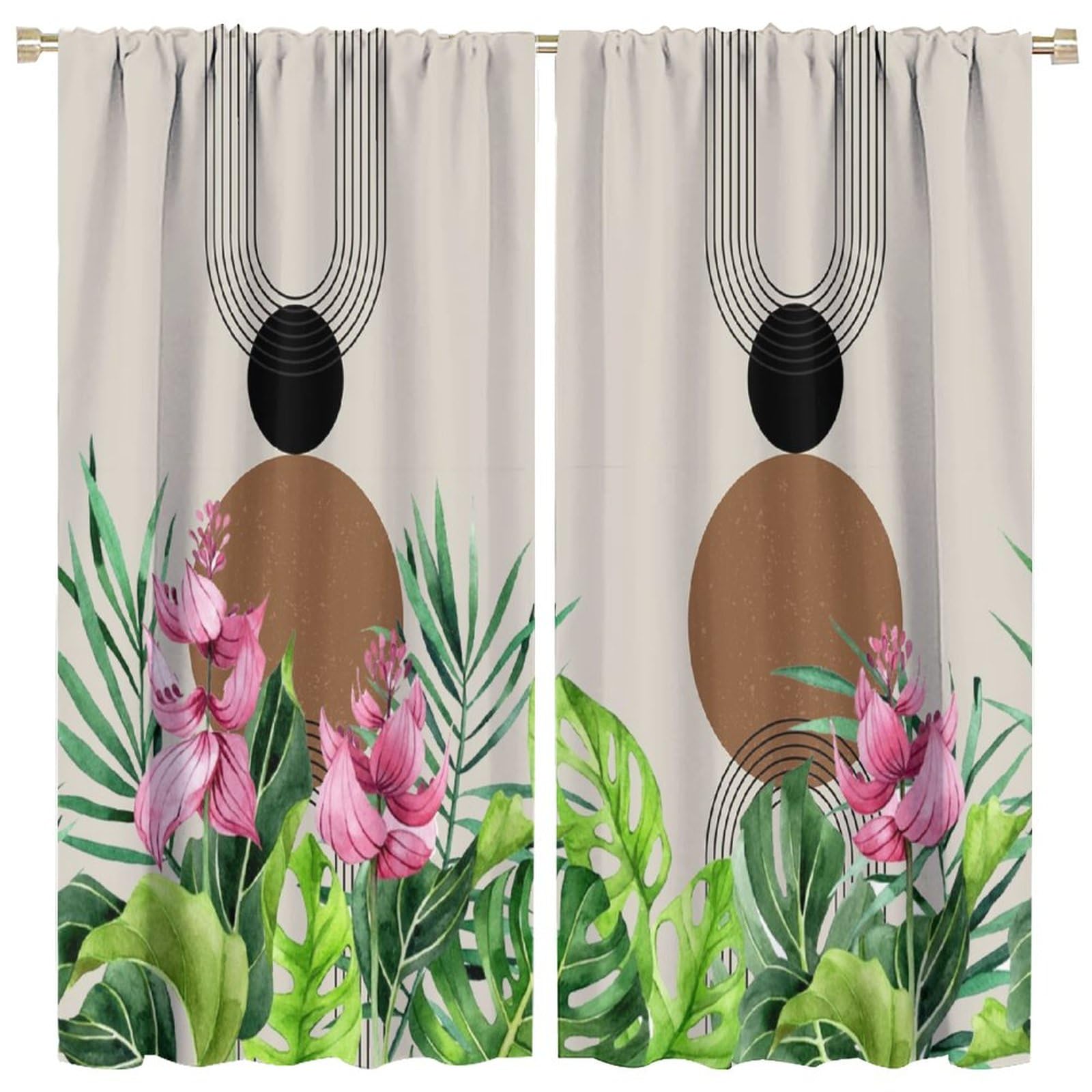 Boho Mid Century Blackout Curtains - Abstract Modern Mountain Sunrise with Leaves for Home Kitchen Restaurant Decoration Window Drapes 2 Panels 63x63in