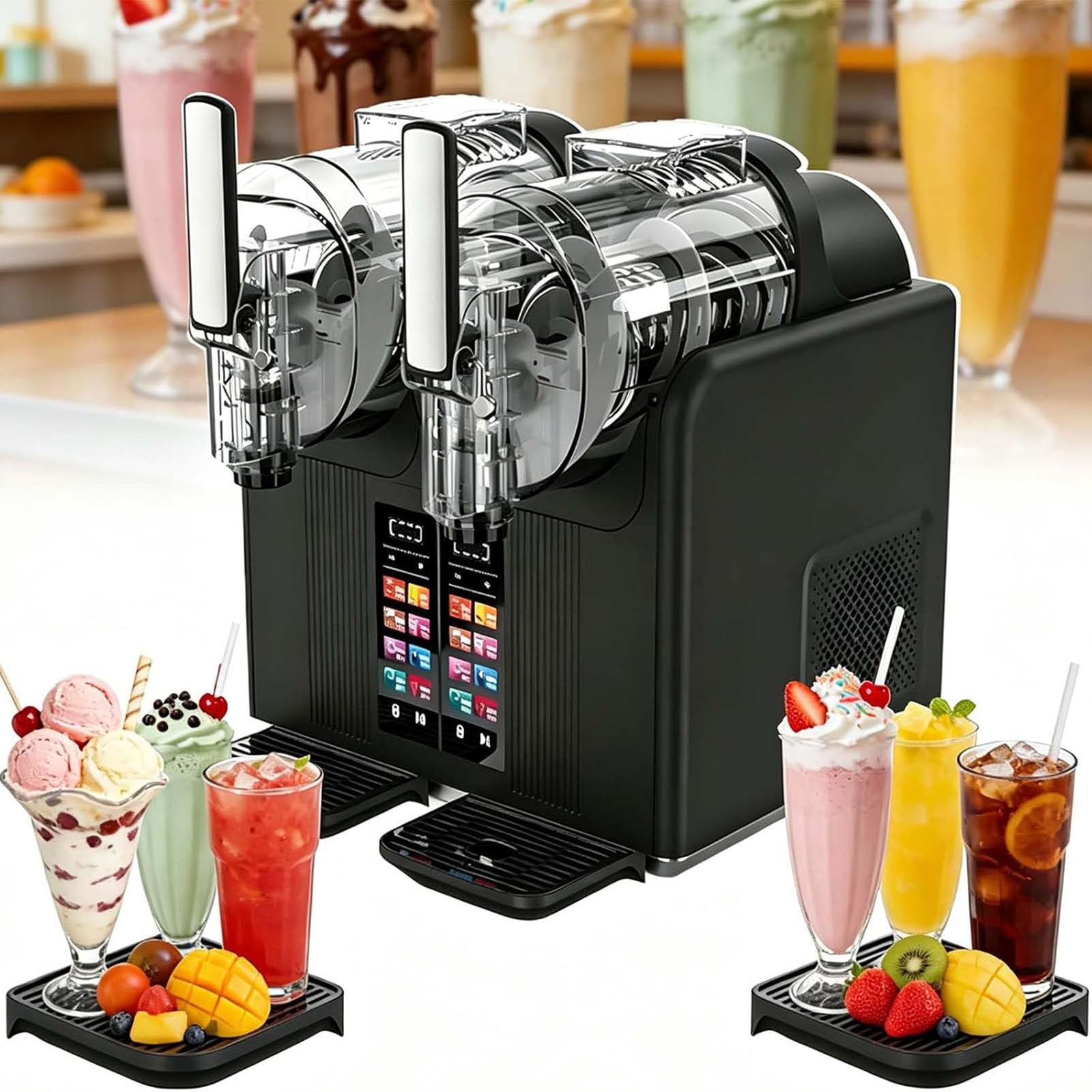 LJCSSD Slushie-Maker Machine, 7-In-1 Slushy Maker, Double Head Soft Ice Cream Machine, Dual 2l Tanks 430w, Touch Panel With Automatic Clean, Makes Slushies Milkshakes Cocktails Black