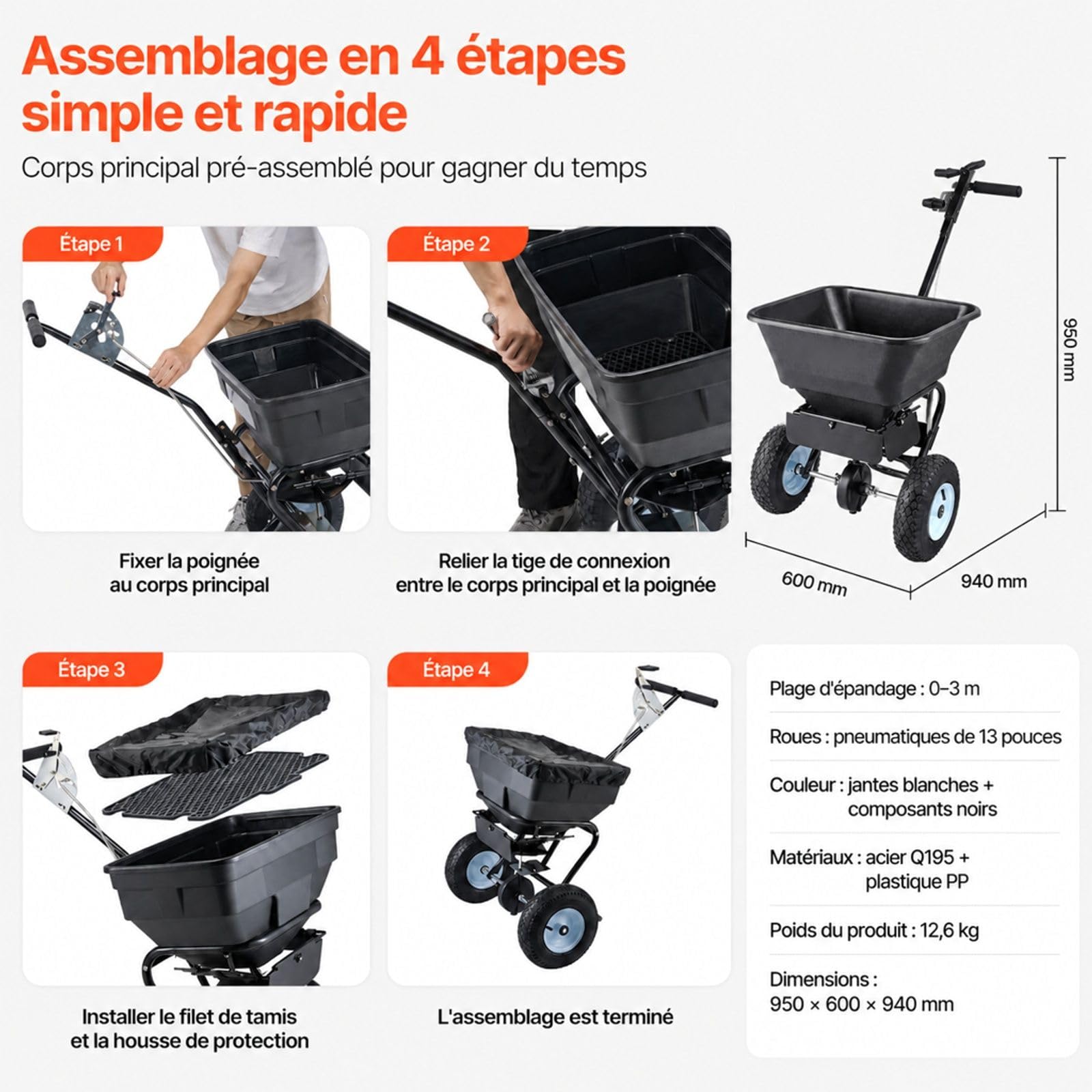 Épandeur à Pousser pour Engrais, graines et sel de déneigement, avec Roues pneumatiques