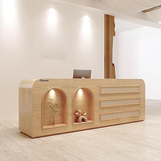 Modern Reception Desk with Storage Cabinet, Lockable Drawer, Double Tabletop – E1 Grade MDF Front Desk for Office, Salon, Retail & Reception Areas(Wood Color,L71 xW24 xH39)