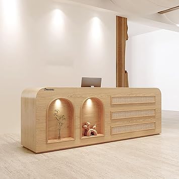 Modern Reception Desk with Storage Cabinet, Lockable Drawer, Double Tabletop – E1 Grade MDF Front Desk for Office, Salon, Retail & Reception Areas(Wood Color,L71 xW24 xH39)