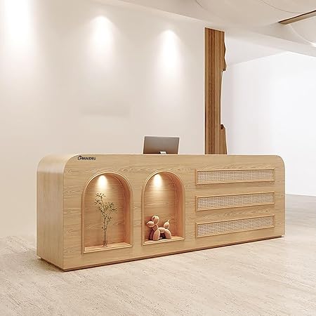 Modern Reception Desk with Storage Cabinet, Lockable Drawer, Double Tabletop – E1 Grade MDF Front Desk for Office, Salon, Retail & Reception Areas(Wood Color,L71 xW24 xH39)