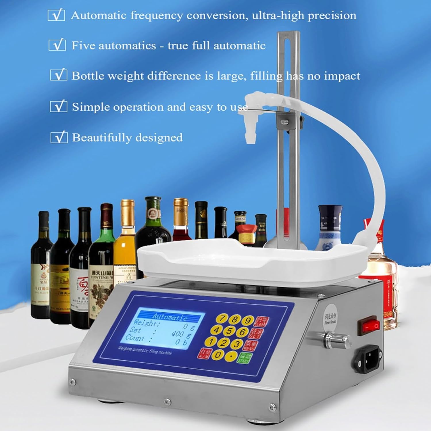 Quantitative Flüssigkeitsfüllmaschine, Füllvolumen 0,5 ml - 50 ml, Schlauchpumpen-Flüssigkeitsfüllmaschine, Durchflussmenge (max) 90 ml/min, für Parfüm, Wasser, Milch, Saft, ätherische Öle