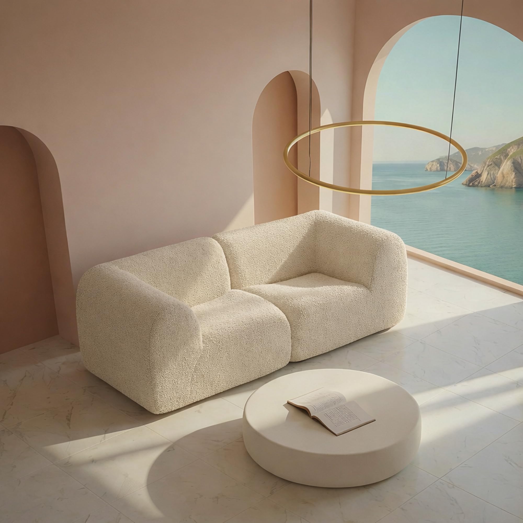 Curved Sectional Modular Couch with Chaise, Modern 76.38'' Boneless Sofa with Deep Seat, Sherpa Boucle Cloud Couch for Living Room, Cozy Teddy Loveseat Couches，No Assembly, White