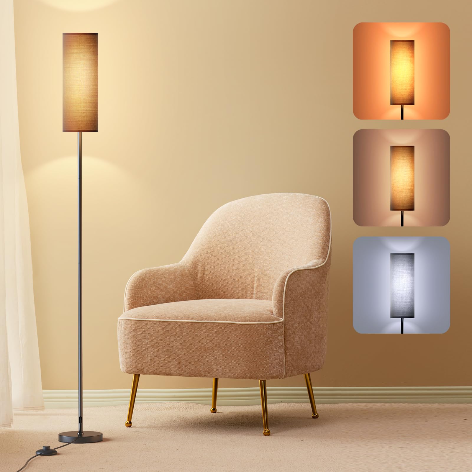 Lithomy 9W LED Stehlampe Wohnzimmer Dimmbar, E27 Leselampe Standleuchte mit Leinen Lampenschirm & Fußschalter, mit 3 Farbtemperaturen, Stehlampe Vintage für Schlafzimmer, Schwarz