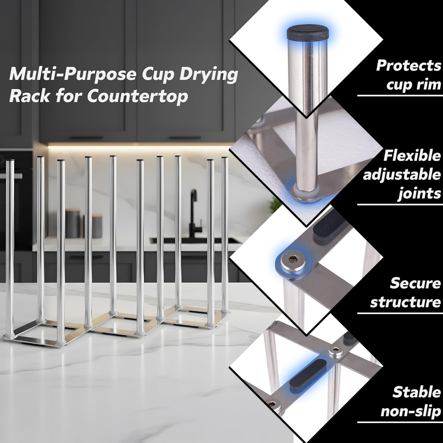 Water Bottle Drying Rack, Cup Drying Rack for Counter, Stainless Steel Tumbler Dryer Stand, Space-Saving Mug & Glass Drying Rack, Heavy-Duty Holder for Cups & Water Bottles (Silver – 10 Pegs)