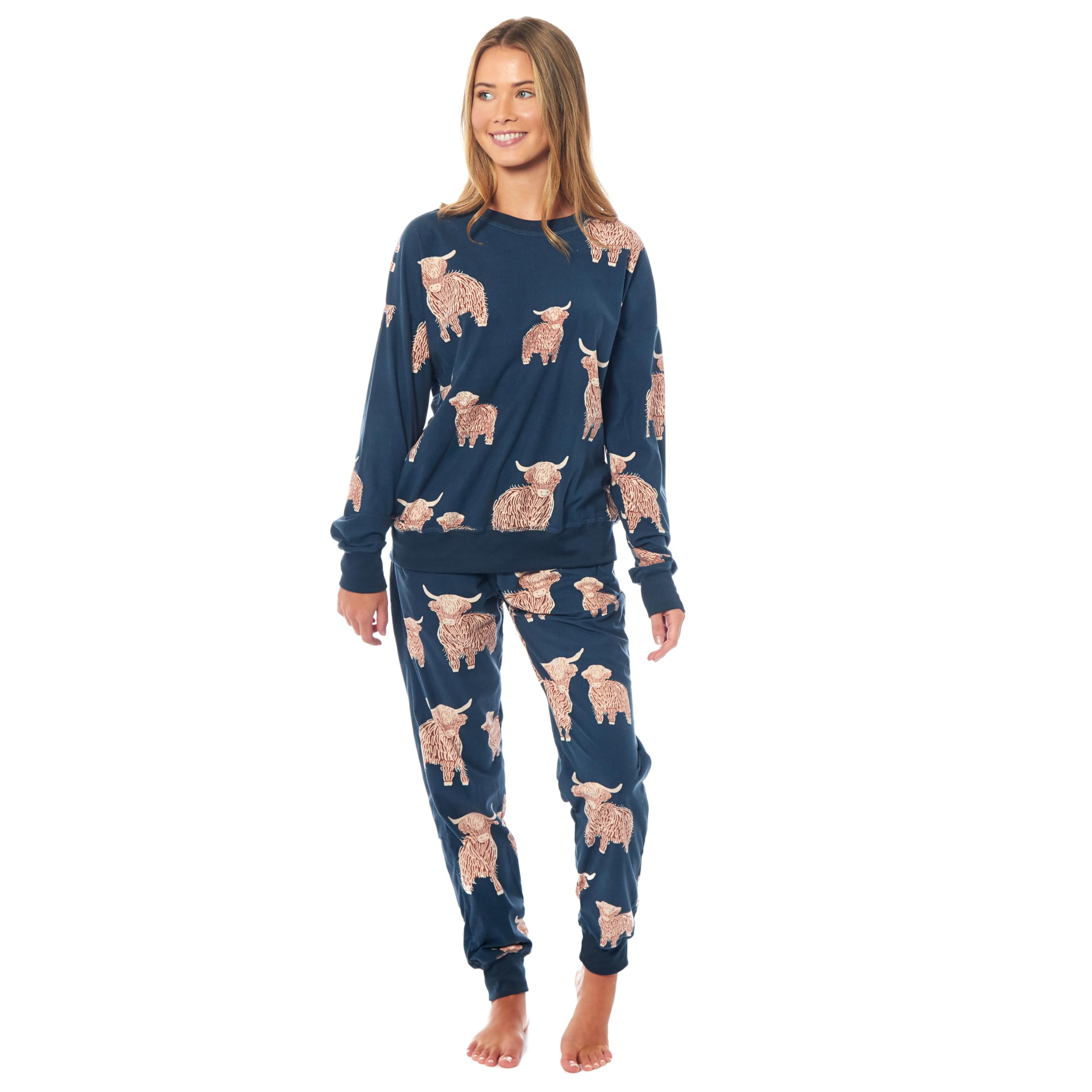 Daisy DreamerWomens Printed Fleece Pyjama Set Soft & Warm Sleepwear Loungewear Nightwear Long Sleeve Top Ladies Animal Print Pjs