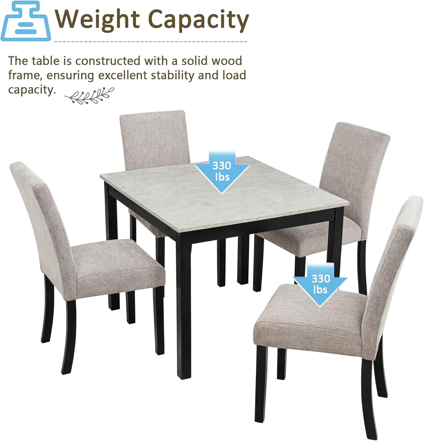 KEIKI 5-Piece Standard Height Dining Table Set with Square Table and 4 Upholstered Curved Backrset Chair, for 4 Person, Modern Wooden Table Set, Easy Assembly, for Kitchen, Dining Room, Black+Grey