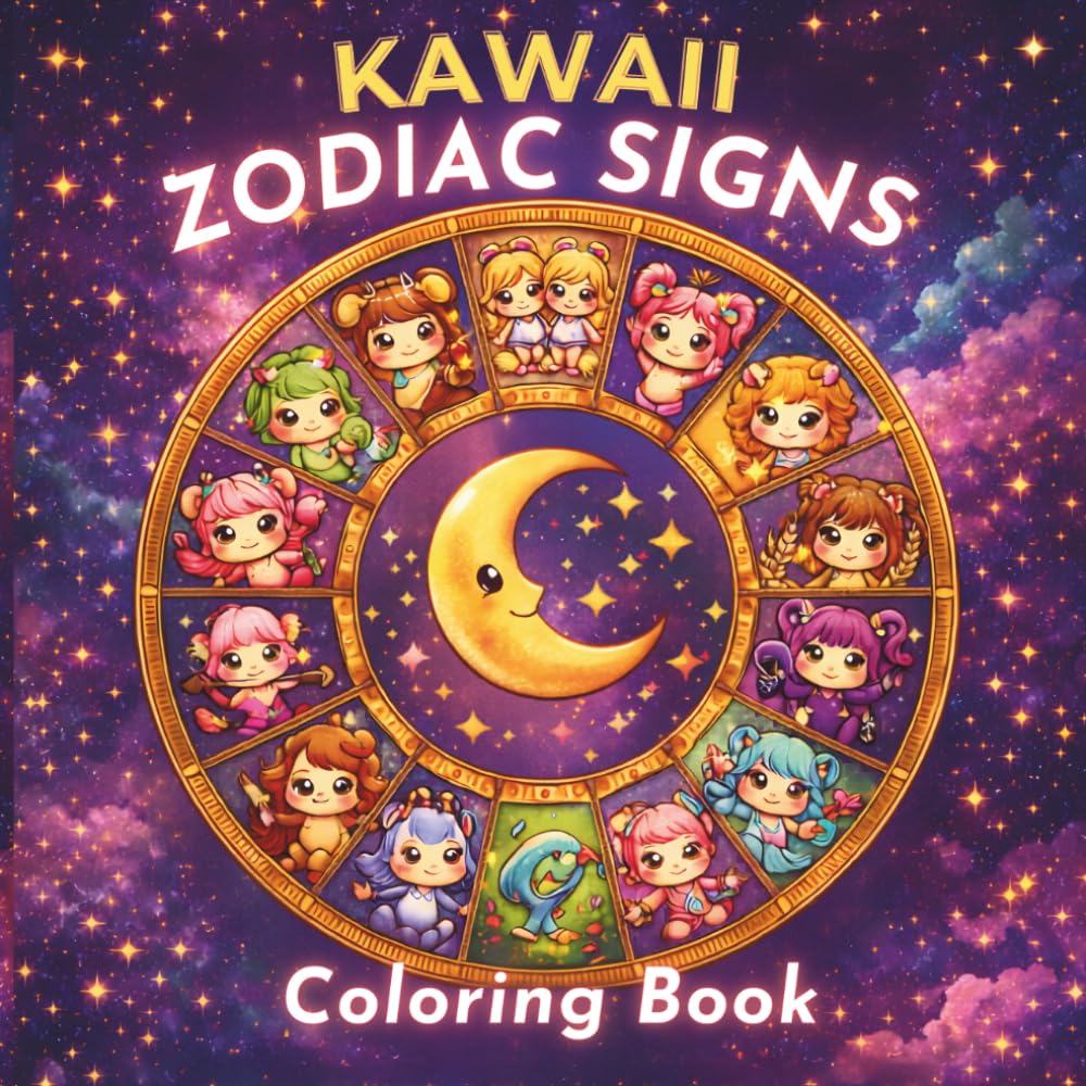 Kawaii Zodiac Signs Coloring Book: Star Signs Illustrations Featuring Symbols, Characters, Constellations and Elemental Scenes