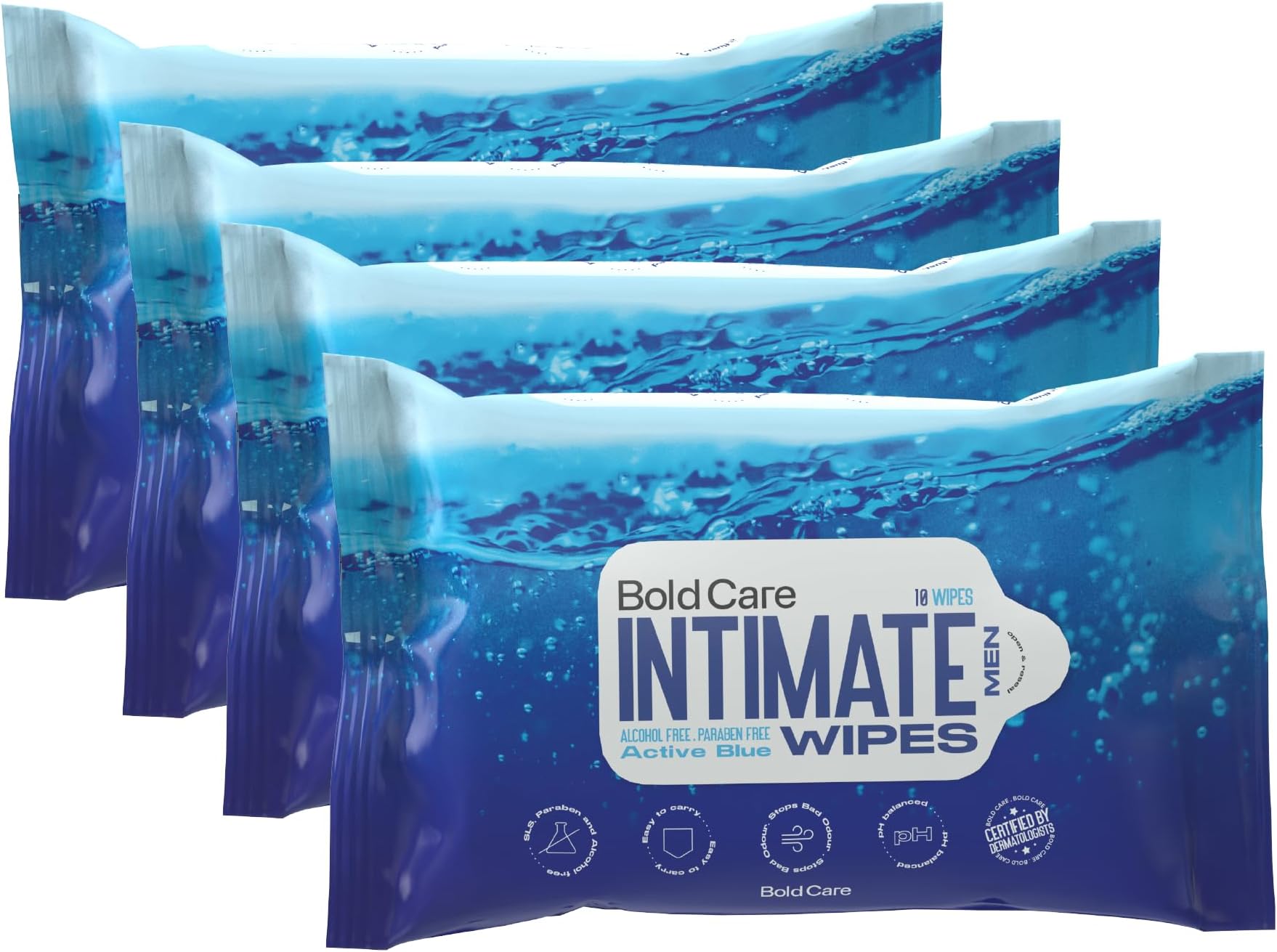 Active Blue Intimate Cleansing Wipes For Men | pH Balanced | Skin Friendly | Alcohol Free | Biodegradable | Travel-Friendly | Pack of 4 (40 Wipes)