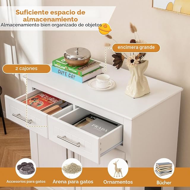 Foto 2 de 6 de GYMAX Mueble para Arena de Gatos, Casa para Gatos de Madera con Armario de 2 Puertas y 2 Cajones