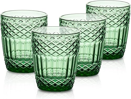 INSETLAN Juego de 4 vasos para beber color verde vintage, grandes con patrón en relieve, juego de vasos de vidrio vintage, vasos ondulados, para