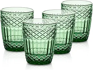 INSETLAN Vintage Green Drinking Glasses Set of 4 Large, Embossed Pattern Water Glassware, Vintage Glassware Glass Cups Set, Ripple Drinkware, for Water,Juice,Beverages,Cocktail,Soda (10 oz Green)