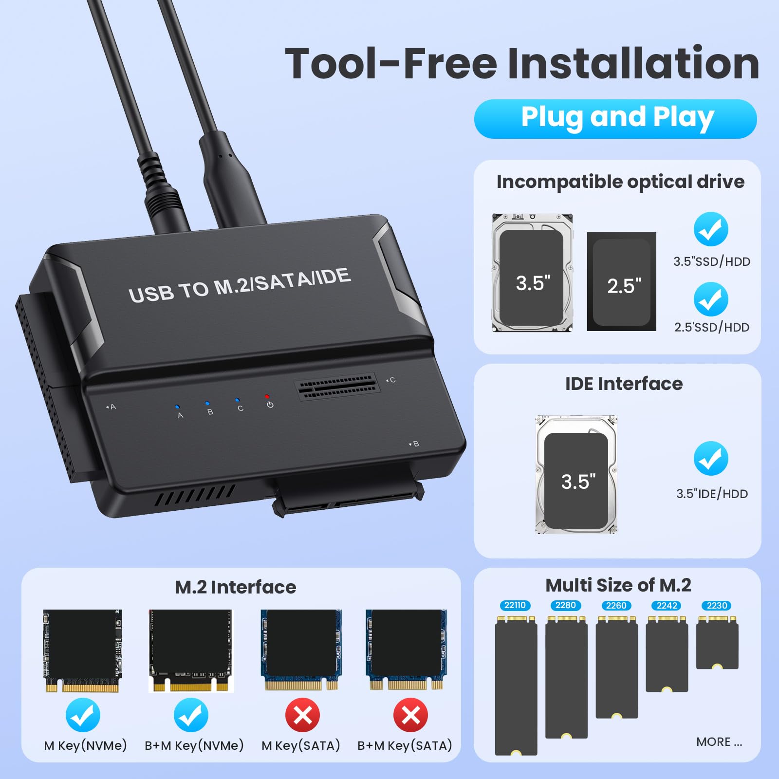 Enclosure universale 3 in 1 per disco rigido, adattatore USB 3.2 10Gbps Type-C per NVMe M.2 (2230-2280), HDD SATA e IDE da 2,5"/3,5", lettore SSD esterno per unità IDE da 3,5"