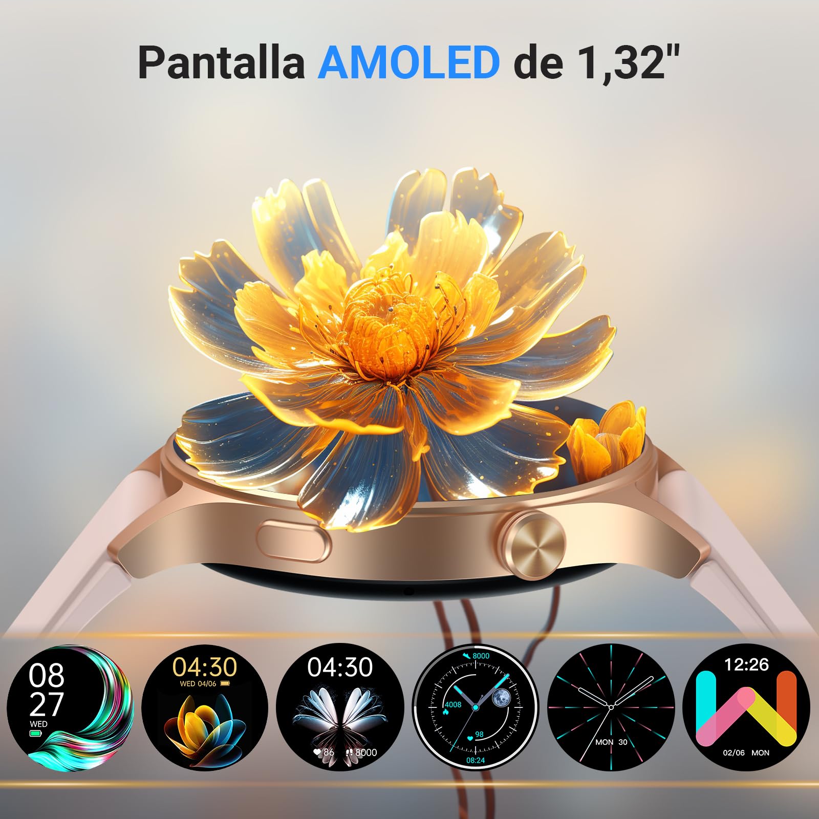 Reloj Inteligente para Mujer con Llamada Bluetooth 5.3, Smartwatch 1.32" AMOLED para Android iOS, podómetro con 110+ Deportes y 3ATM Pulsera Fitness con Monitor de sueño/SpO2