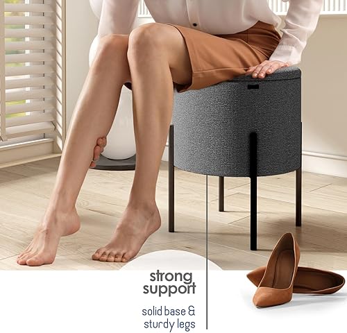 Miniatura 5 de STORAGEBUD Otomana redonda con almacenamiento, taburete de almacenamiento con patas de bouclé, taburete de cambiador, reposapiés redondo pequeño,