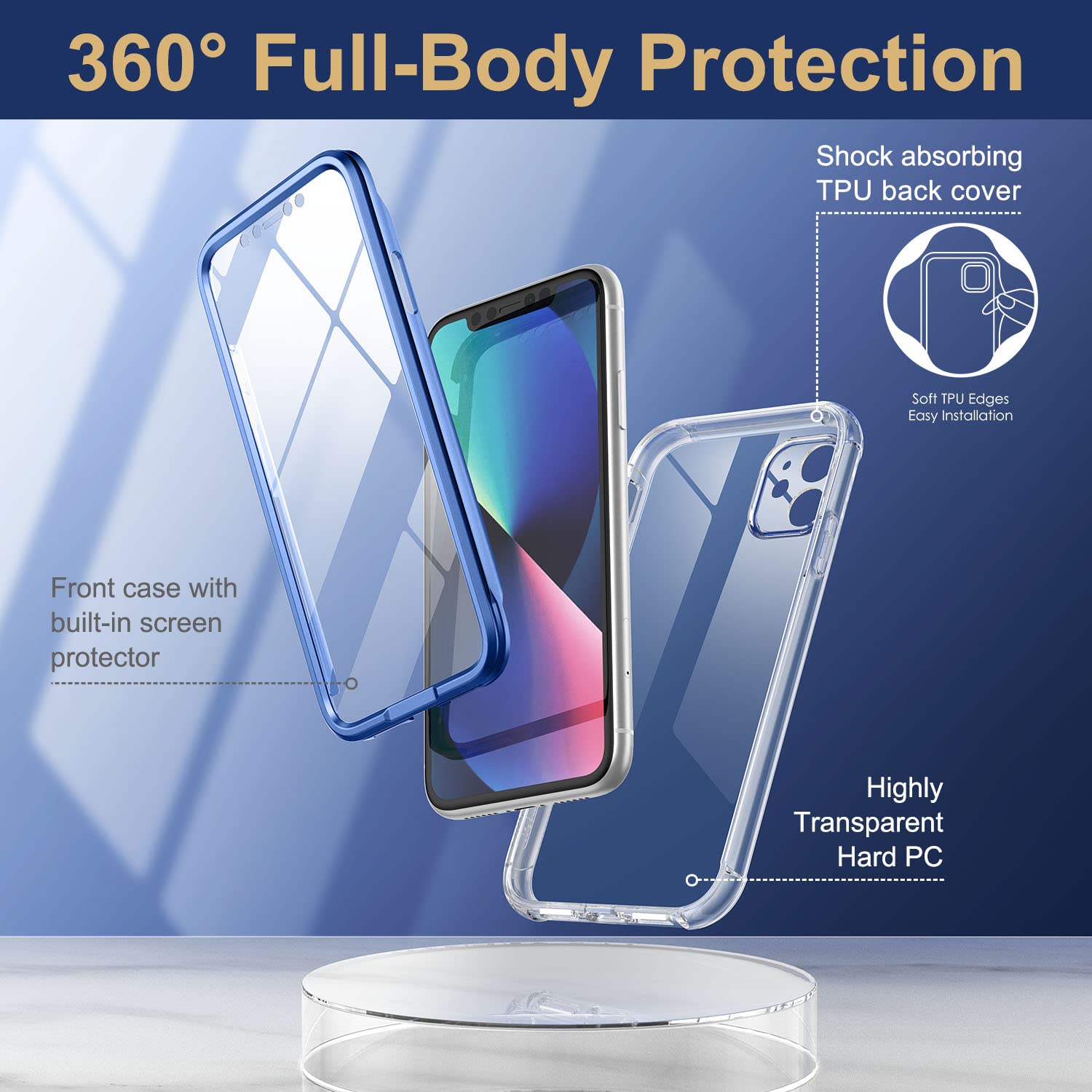 SURITCH Custodia iPhone 11 Trasparente Cover Antiurto 360 Gradi [Ultra Hybrid] Silicone TPU Bumper e PC Pannello Posteriore, Protezione Totale Per iPhone 11 - Chiaro
