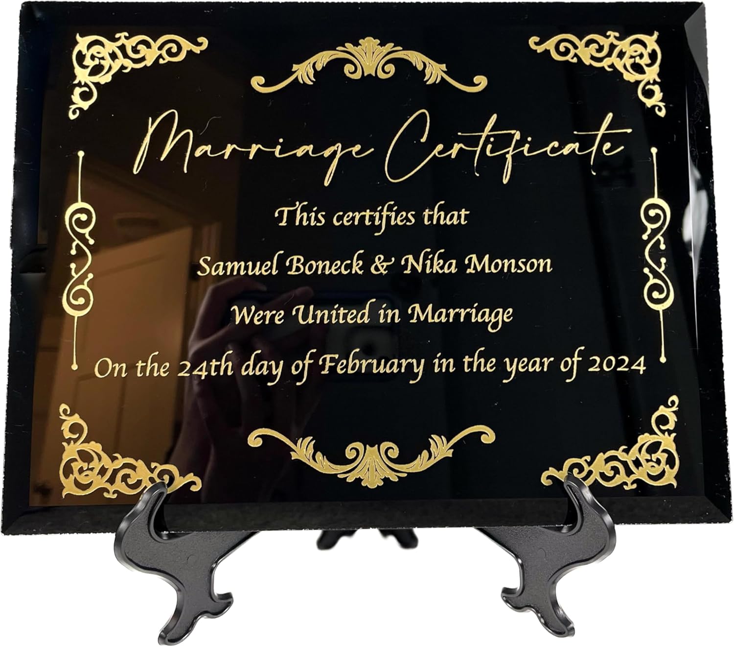 Handcrafted Marriage Certificate Plaque Custom Wedding Certificate of Marriage 9x12 inch Display (Black Glass with Gold)
