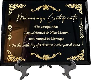 Handcrafted Marriage Certificate Plaque Custom Wedding Certificate of Marriage 9x12 inch Display (Black Glass with Gold)
