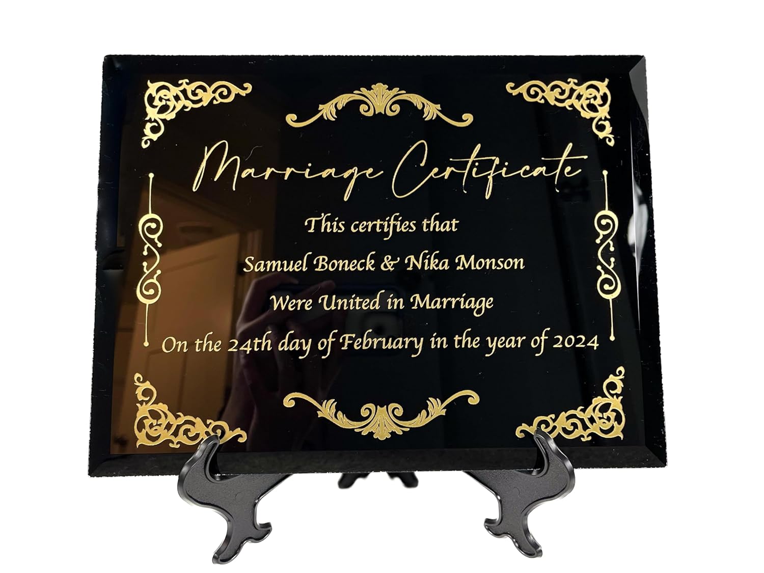 Handcrafted Marriage Certificate Plaque Custom Wedding Certificate of Marriage 9x12 inch Display (Black Glass with Gold)