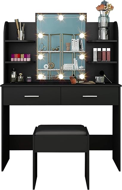 Dressing Tables,Dressing Table with Lights & Mirror,Vanity Makeup Table Set with 2 Large Drawers & Stool for Girls
