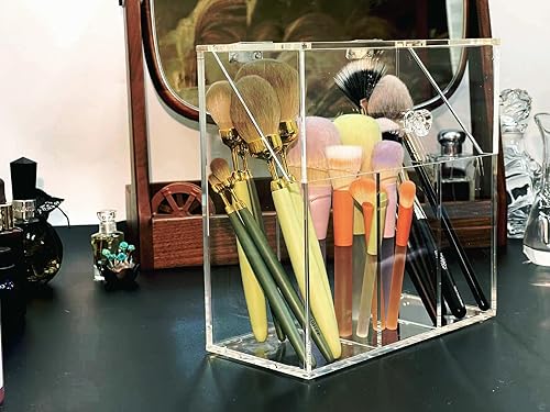 Miniatura 3 de VASERDDY Organizador de maquillaje acrílico, caja de almacenamiento de brochas cosméticas transparente con 3 soportes para cepillos, soporte para