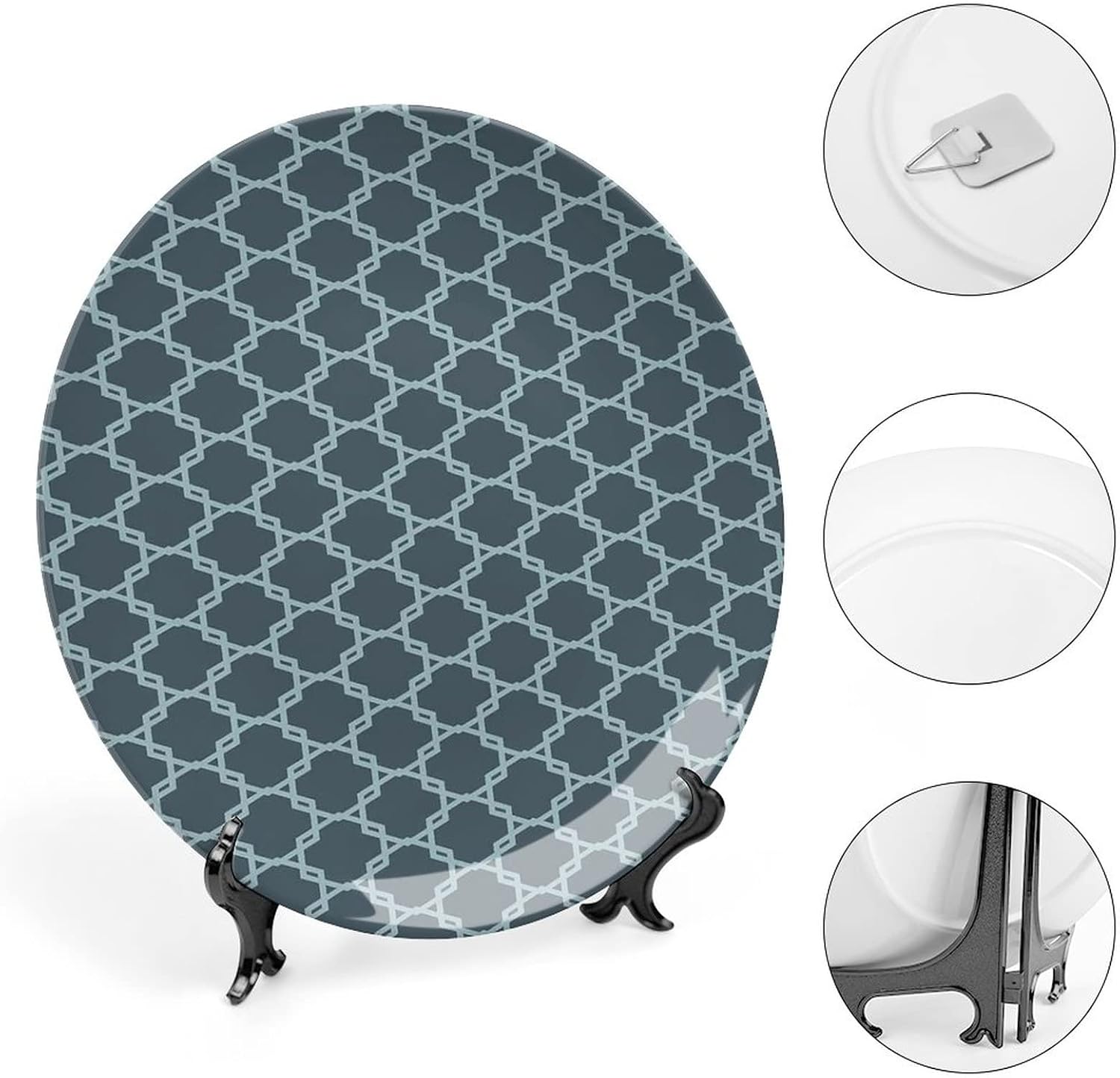 10 Inch Decorative Plate, Quatrefoil Ceramic Craft, Moroccan Style Oriental Pattern Antique Tiling Design Print Ceramic Wall Hanging for Home & Office Wall Hanging Decor, Slate Blue and Light Blue