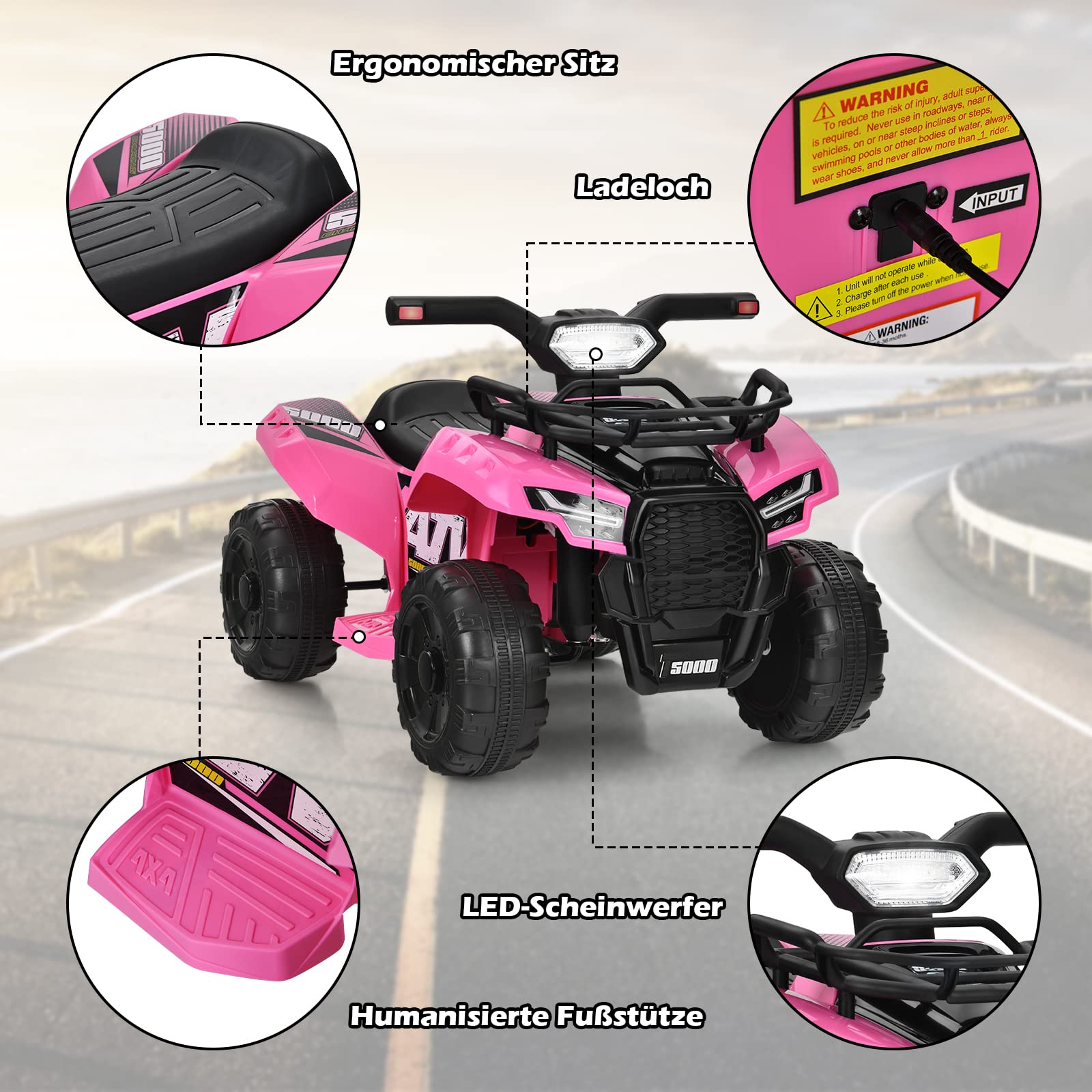 COSTWAY Elektryczny quad dziecięcy 6 V z miejscem do przechowywania, mini quad elektryczny z muzyką, klaksonem i reflektorem LED, quad dziecięcy 2 km/h, dla małych dzieci od 18 miesięcy (różowy)