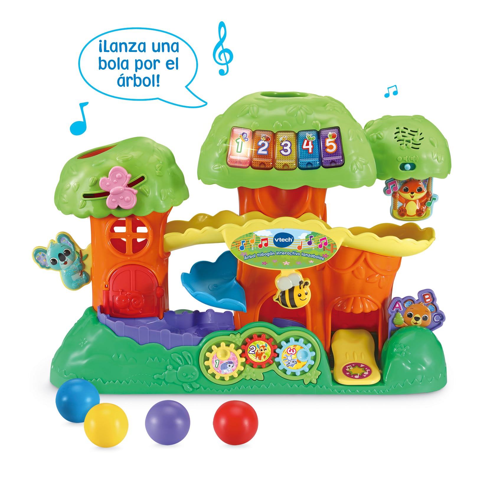 VTech - Árbol tobogán Interactivo Lanzabolas, Juguete para niños +1 año, Lanza Las Bolas y aprende números, Animales, Colores, Versión ESP