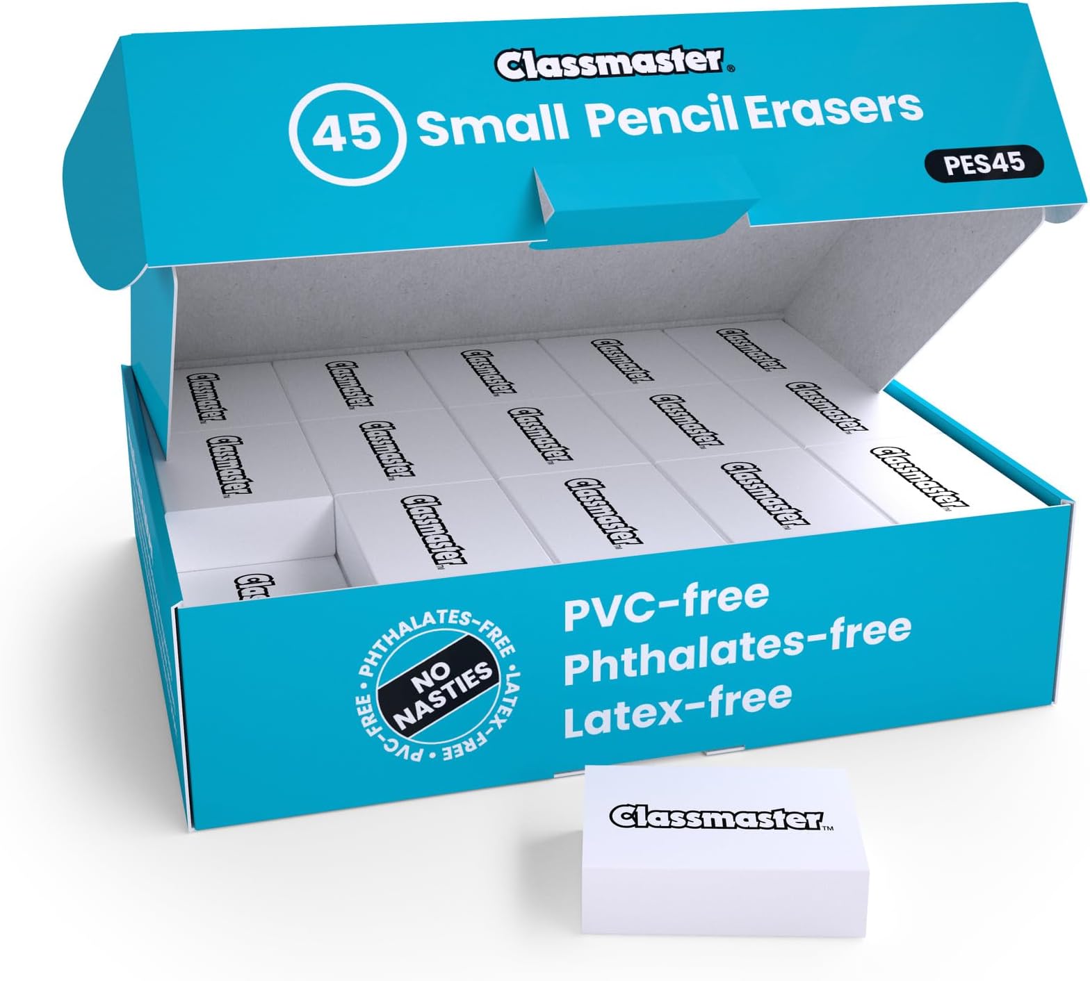 Show-me Classmaster PES45 Pencil Erasers – Small, PVC-Free, Phthalates-Free – White, (Pack of 45)