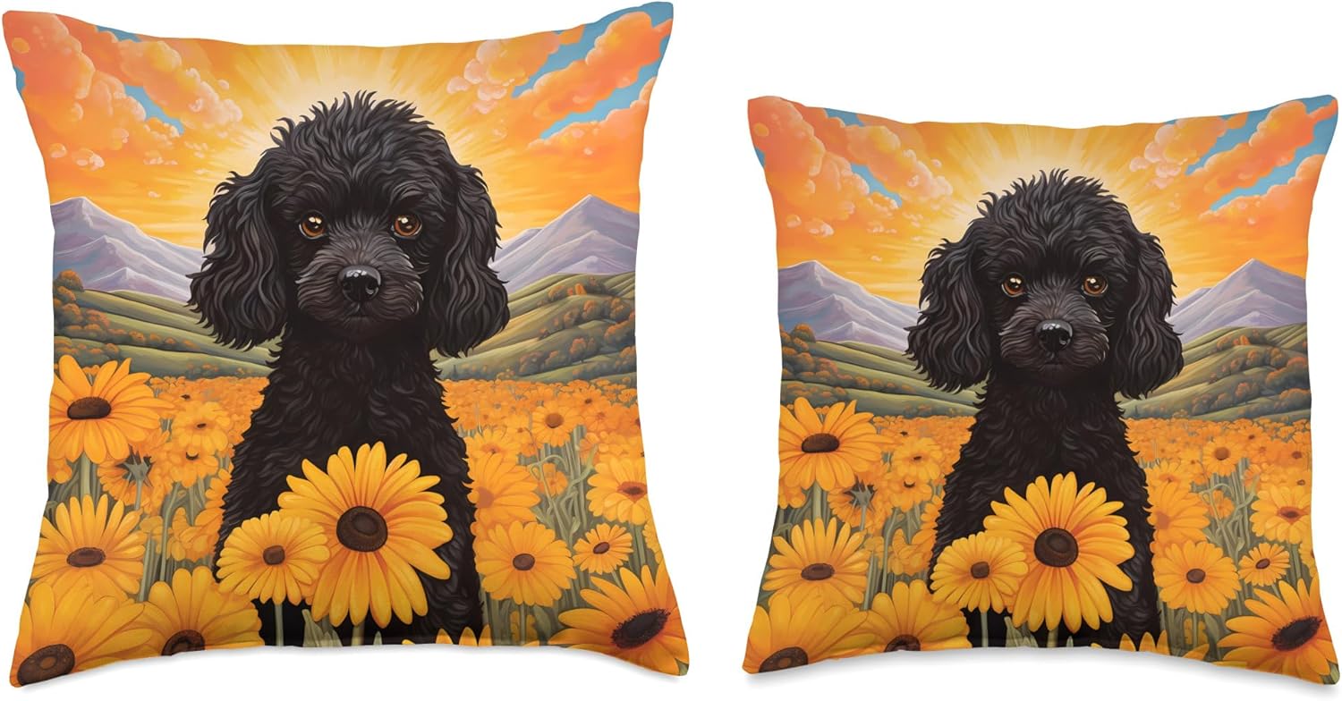 Cute Black Poodle Colorful Flower Mountain Sunset Puppy Dog Throw Pillow