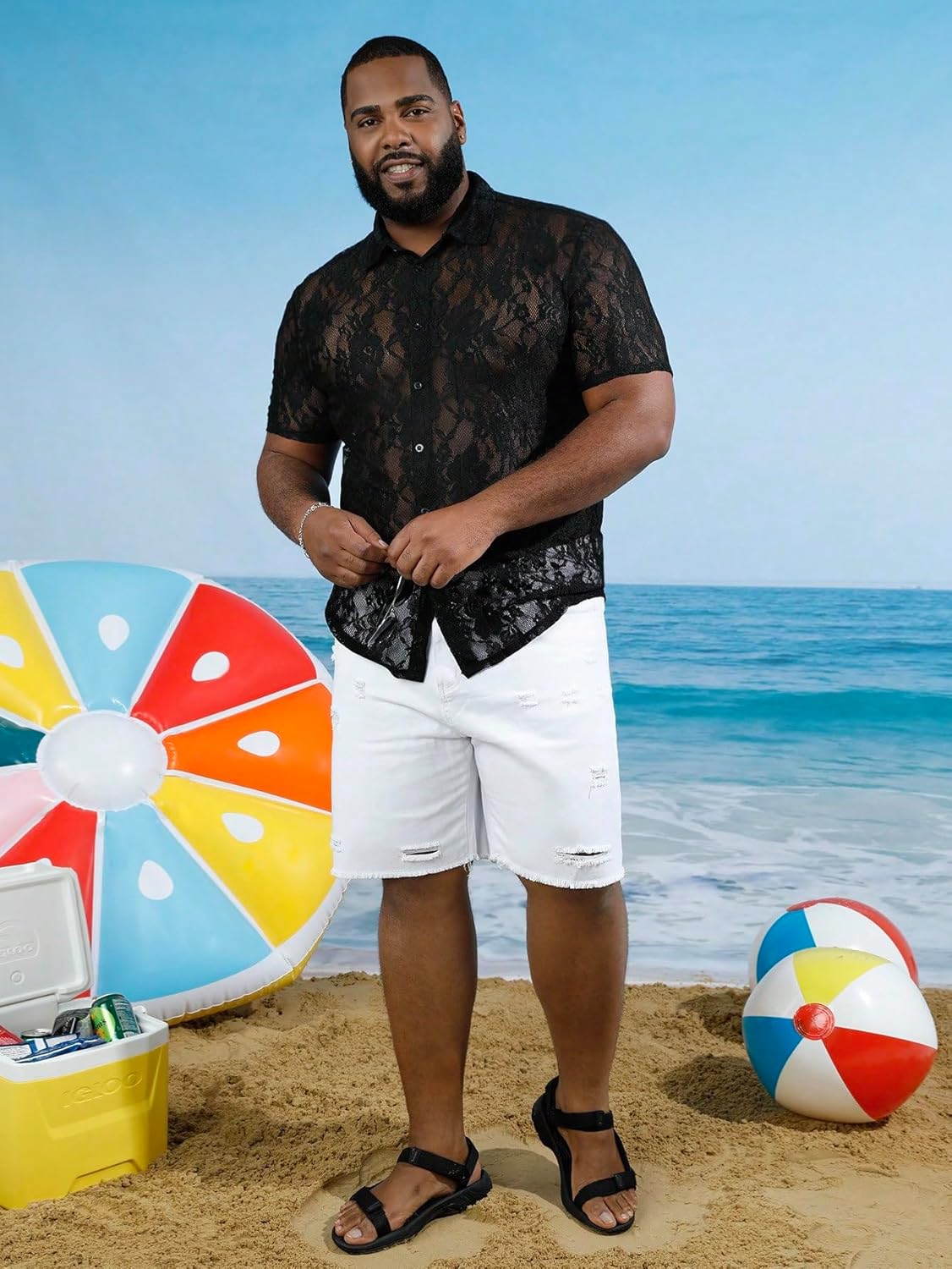 WDIRARA Men's Floral Lace Shirt Contrast Mesh Button Down Shirt Short Sleeve Blouse - Image 5