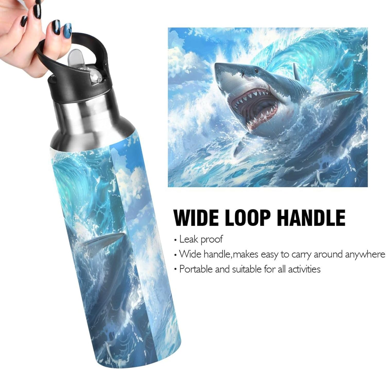 Cute Shark Blue Ocean Wave Water Bottle Kids Boys Girls Insulated Stainless Steel Hot Cold Water Flask with Straw Lid for Sports Gym Running 20 oz