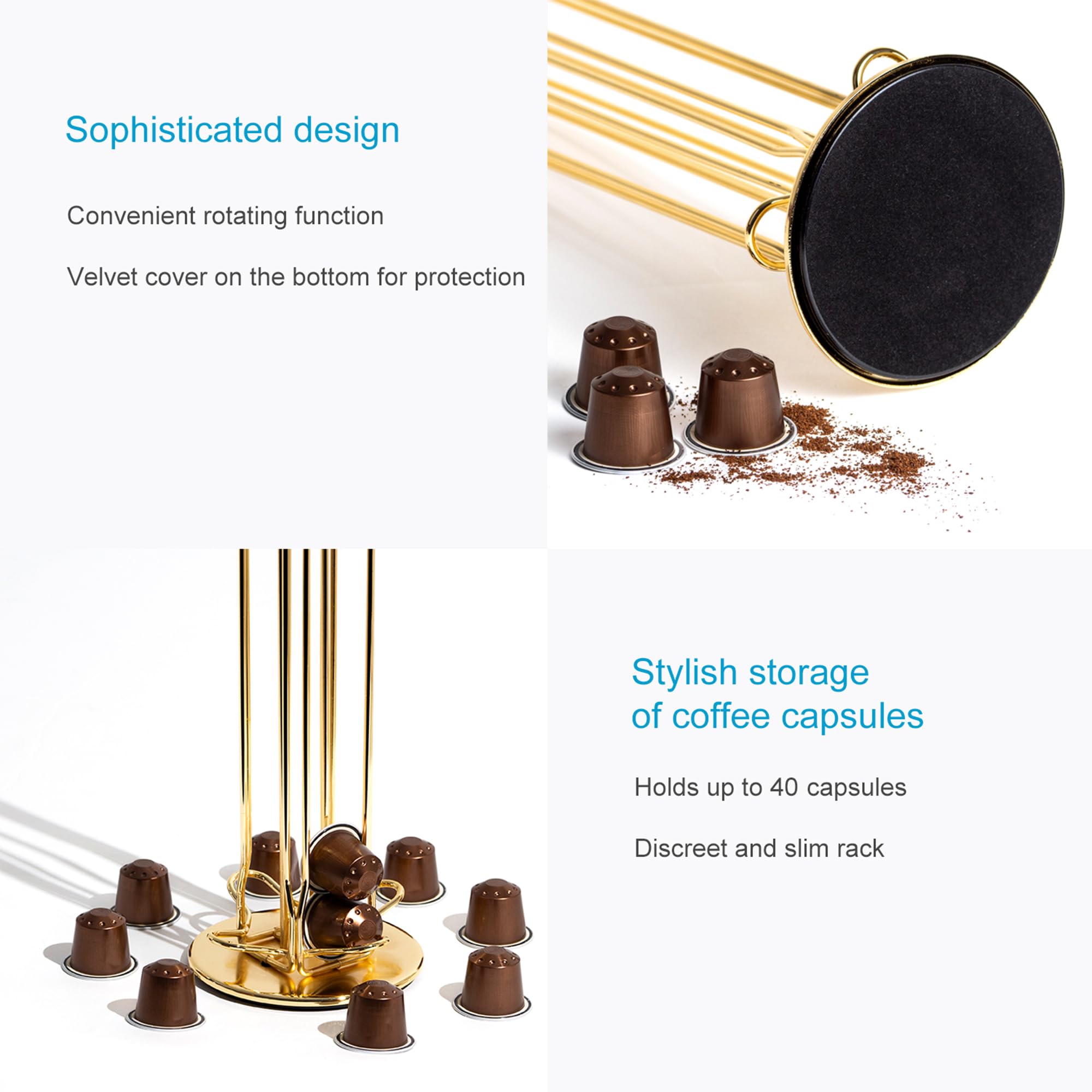 Intirilife Uchwyt na kapsułki do kawy kompatybilny z kapsułkami Nespresso (40 sztuk) z żelaza w kolorze Złotym - 11.5 x 37.5 cm - Obrotowy stojak na kapsułki o 360 stopni, przechowywanie kapsułek