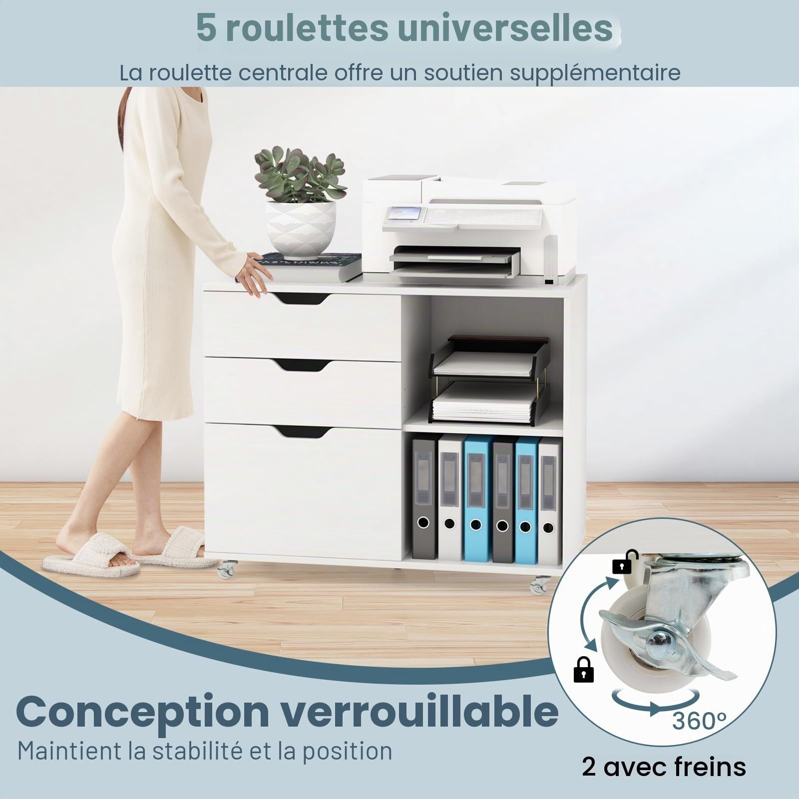 KOMFOTTEU Armoire de Classement à roulettes, Caisson de Rangement, 3 Tiroirs & Casier à 2 Niveaux, Meuble de Rangement de Bureau, Étagère réglable, 81 x 40 x 66,5 cm (Blanc)