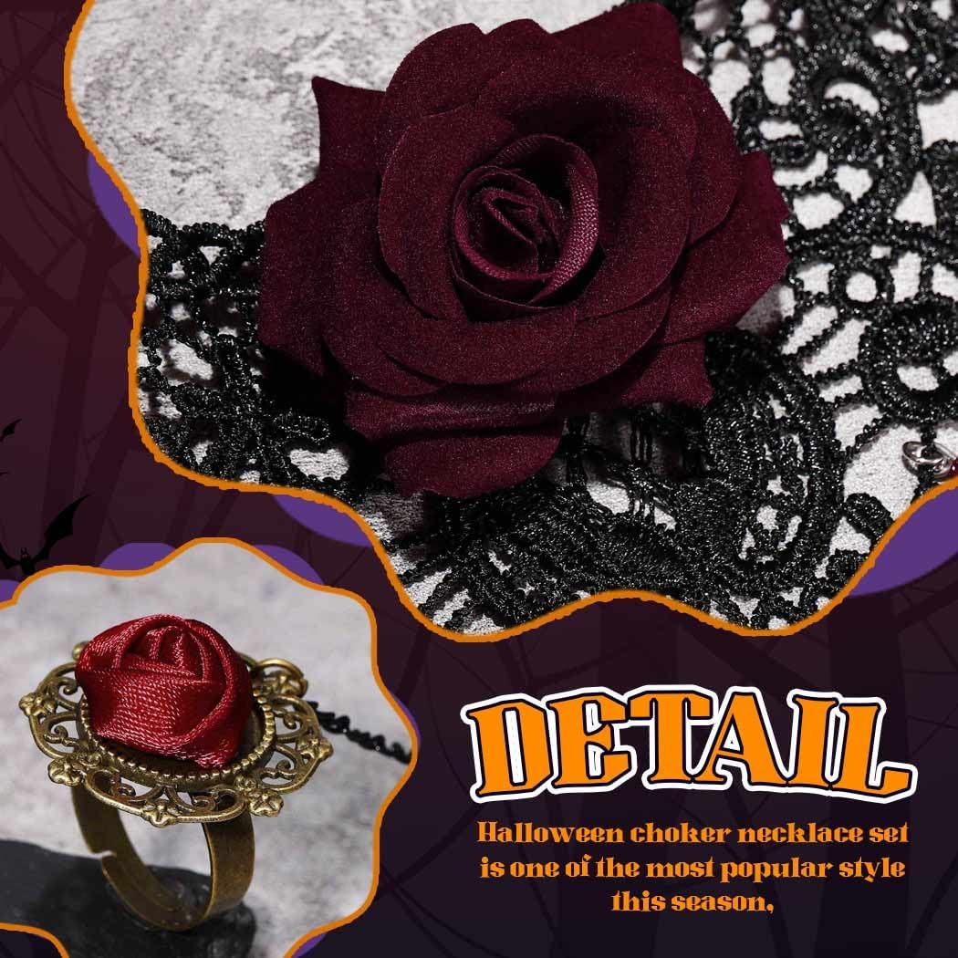 Black Lace Choker Necklace Set Rose Flower Necklace Bracelet Ring Set Vintage Hallow Necklace Jewelry for Women - Image 5