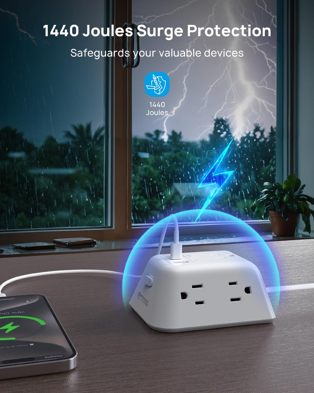TROND 15ft Long Extension Cord, Ultra Thin Flat Plug Power Strip, 5 Widely-Spaced AC Outlets and 3 USB Ports, 1440J Surge Protector, 3-Sided Wall Mount for Home Office Dorm Room, White