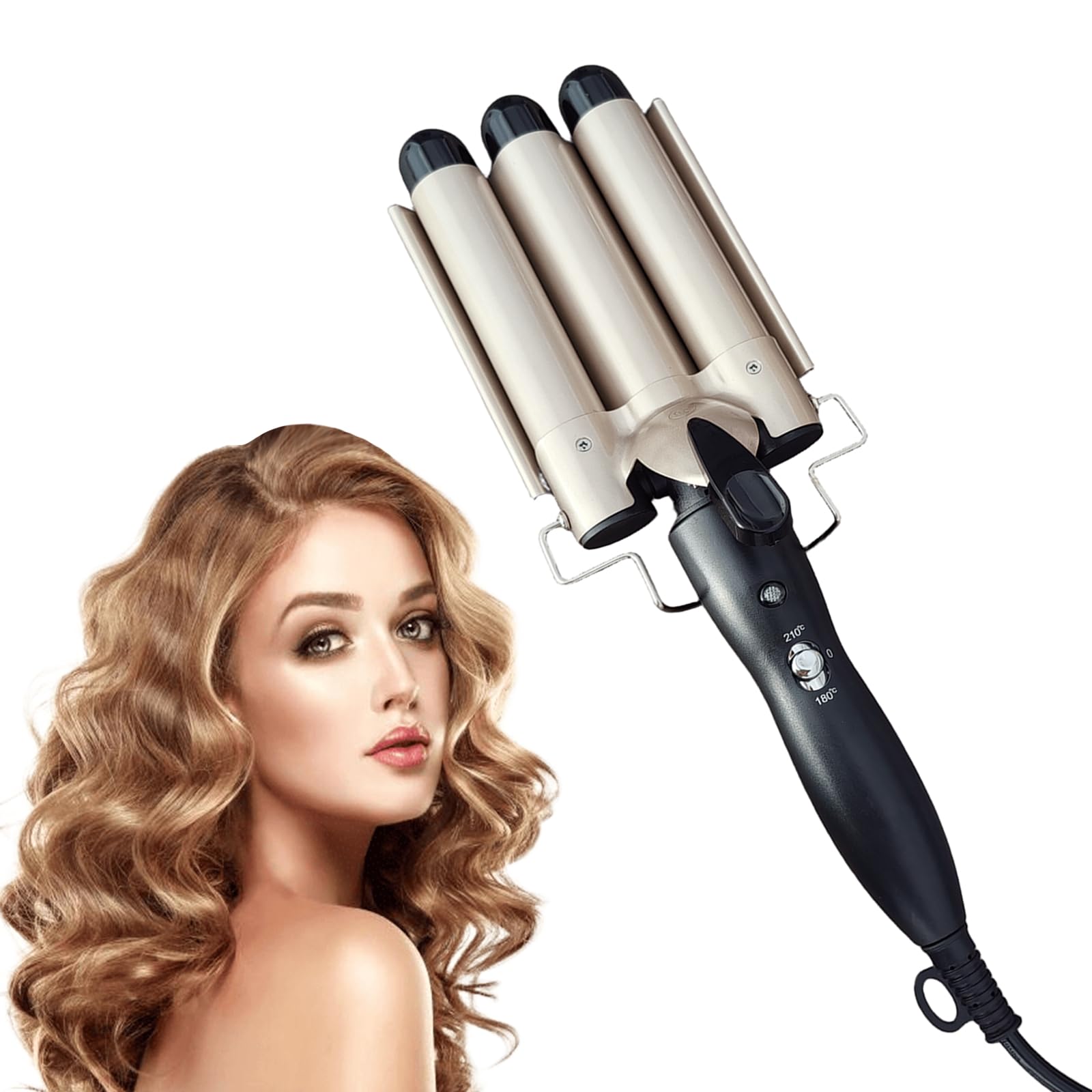 Rizador Pelo Ondas Plancha Ondas, rizador con 3 barriles con 2 temperaturas ajustable (180℃-210℃), rizador de pelo ondulado de 25 mm para el peinado largo/corto