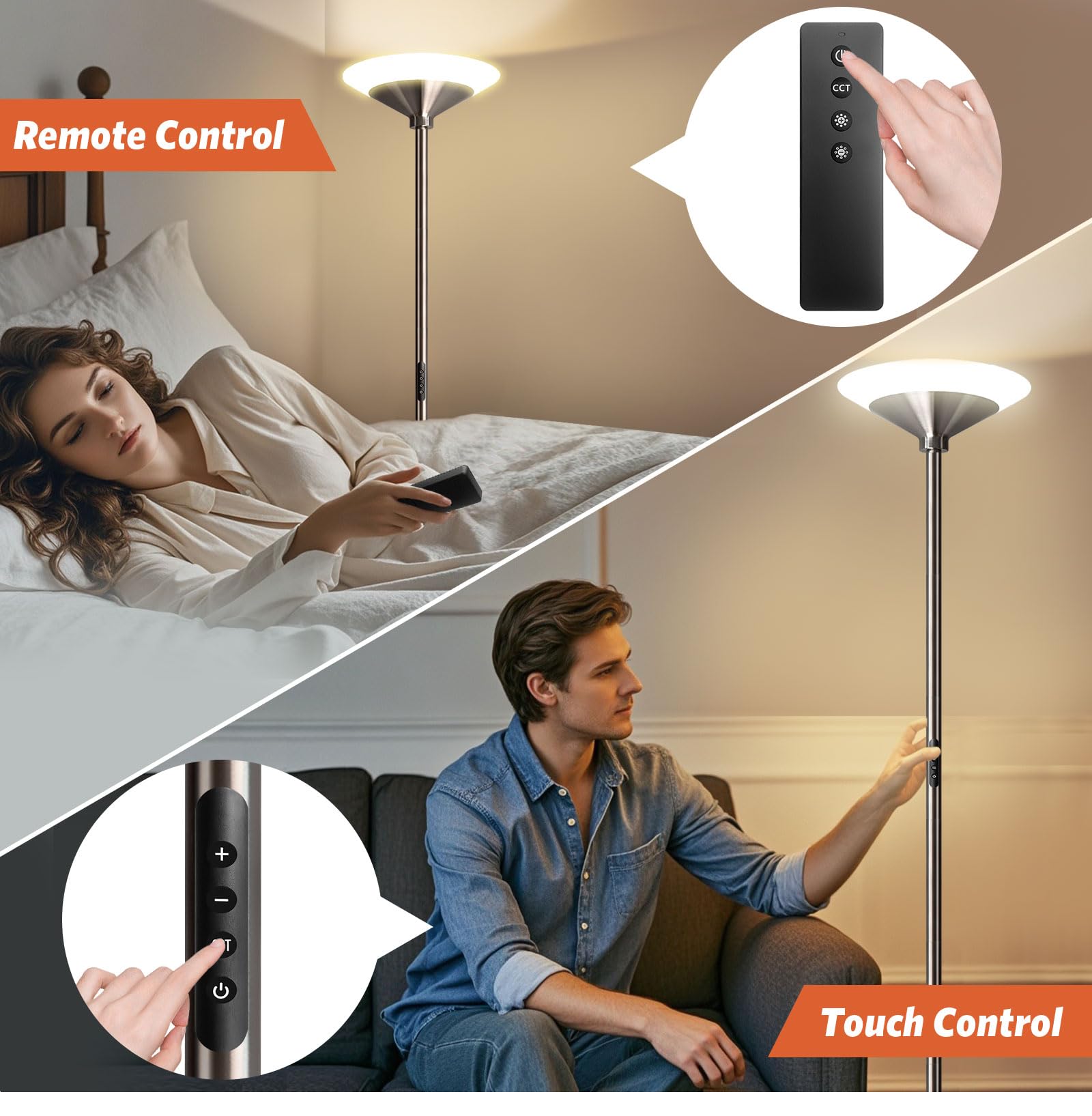 BBHome Lampadaire LED 27W Dimmable avec Télécommande et Tactile 3000K-6500K Salon Moderne Argent